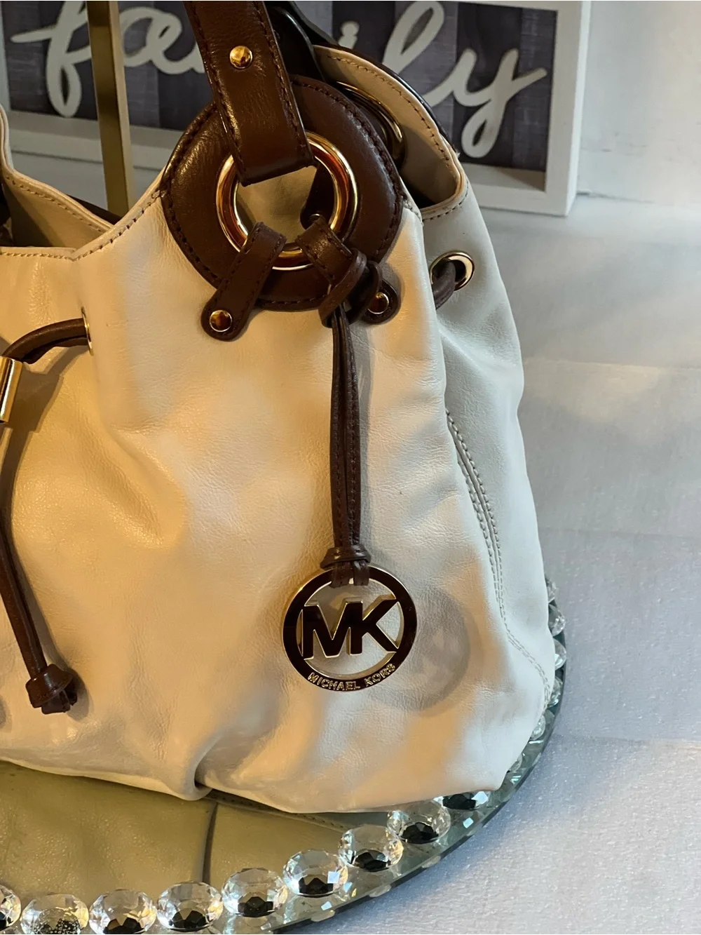 Michael Kors Cream and Brown Leather Shoulder Bag